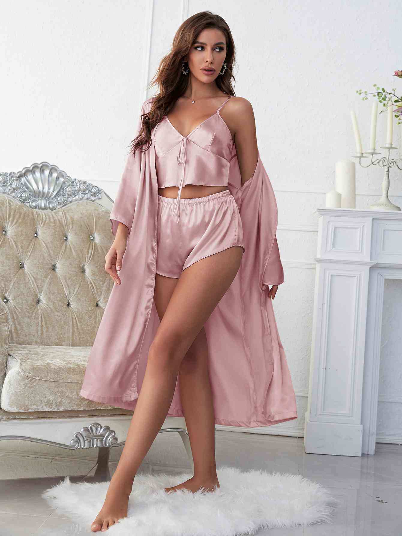 Satin V-Neck Cami, Shorts, and Belted Robe Pajama Set Sunset and Swim   