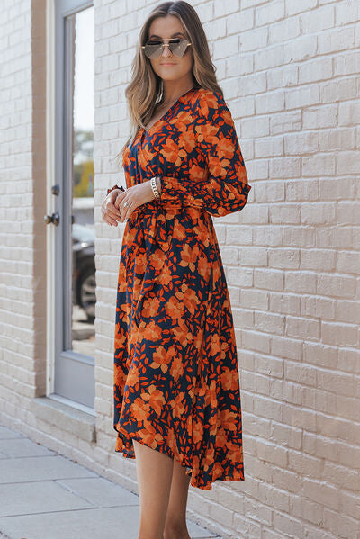 Printed Tie Front Smocked Long Sleeve Dress Sunset and Swim   