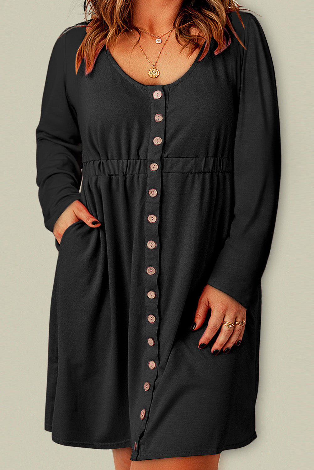Plus Size Button Front Elastic Waist Long Sleeve Dress  Sunset and Swim Black 1X 