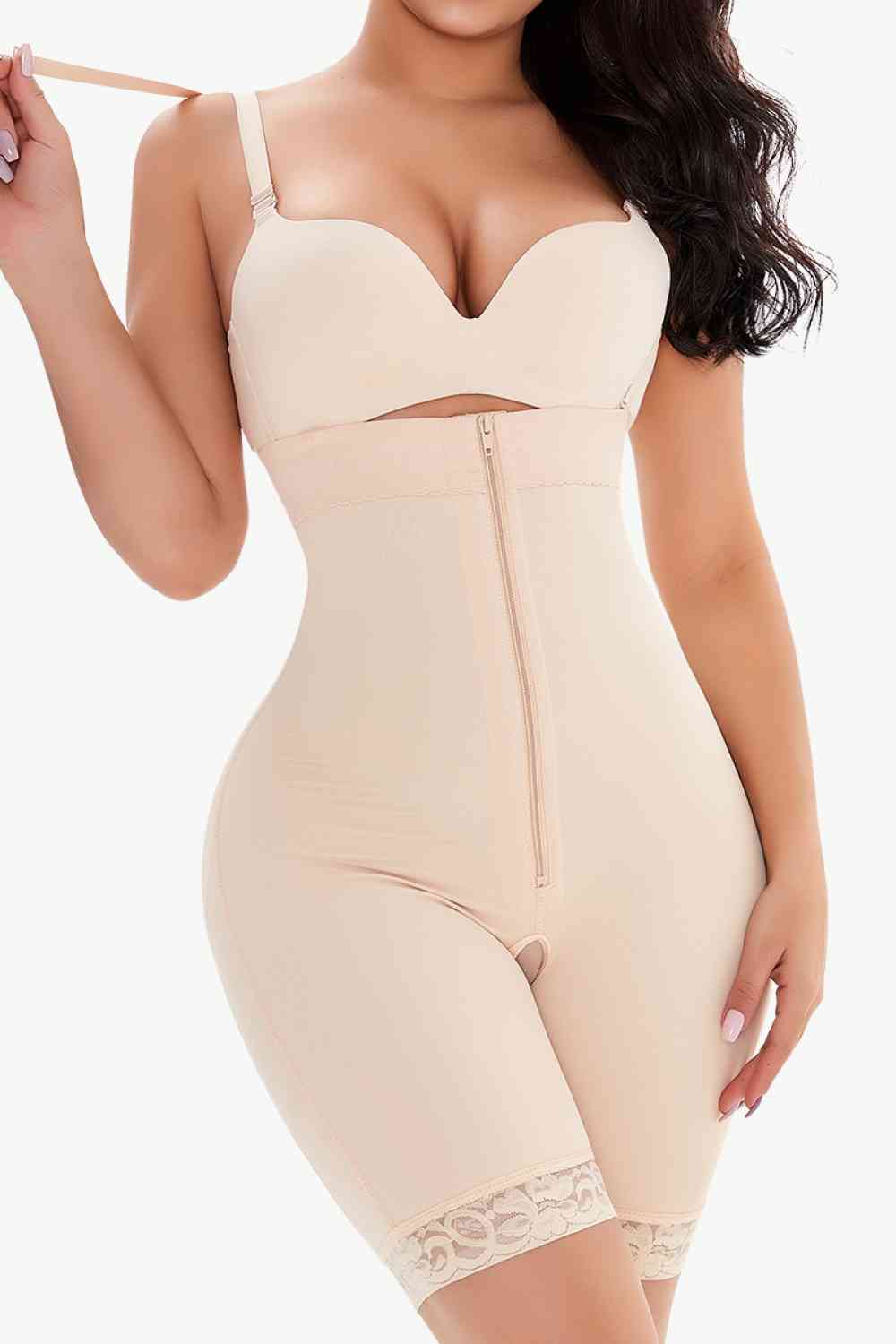 Full Size Lace Detail Zip-Up Under-Bust Shaping Bodysuit  Sunset and Swim Beige S 