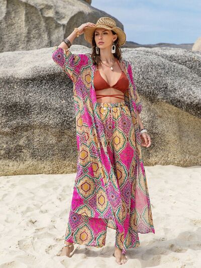 Printed Open Front Cardigan and Pants Set Sunset and Swim Cerise S 