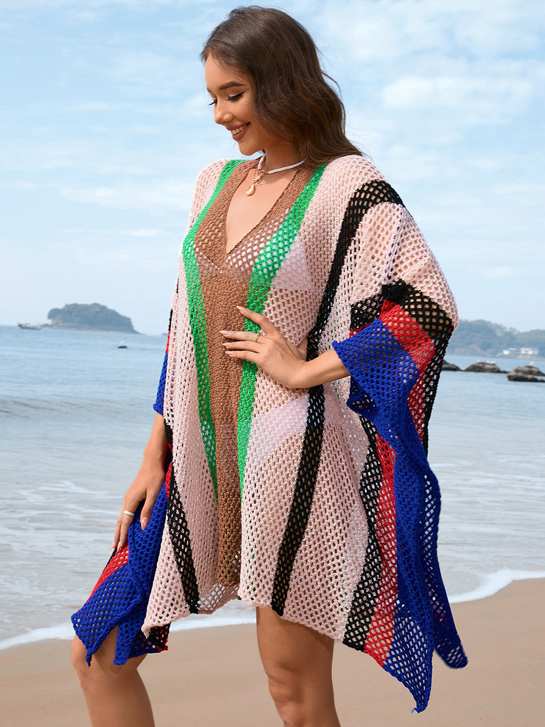Sunset Vacation  Openwork Color Block Plunge Cover-Up Sunset and Swim   