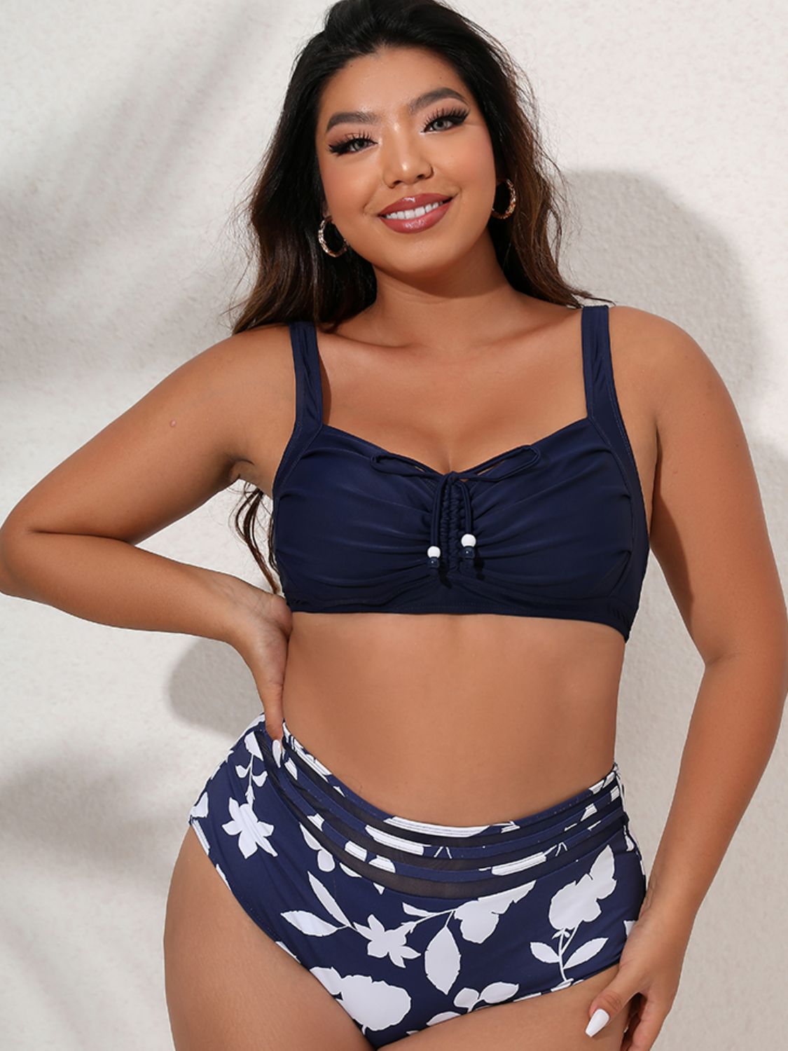 Plus Size Printed Gathered Detail Bikini Set  Sunset and Swim Navy L 