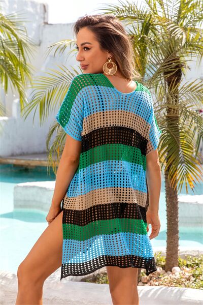 Sunset Vacation  Openwork Striped V-Neck Short Sleeve Cover Up Sunset and Swim   