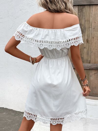 Sunset Vacation  Ruched Lace Detail Off-Shoulder Dress Sunset and Swim   