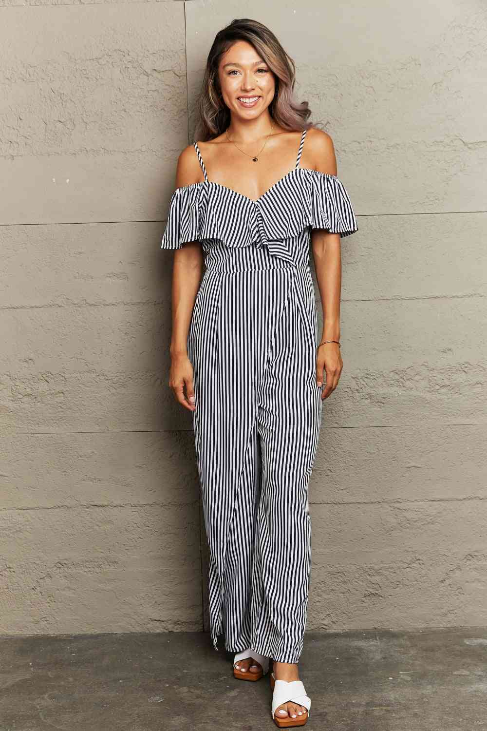 Striped Spaghetti Strap Cold-Shoulder Jumpsuit Sunset and Swim   