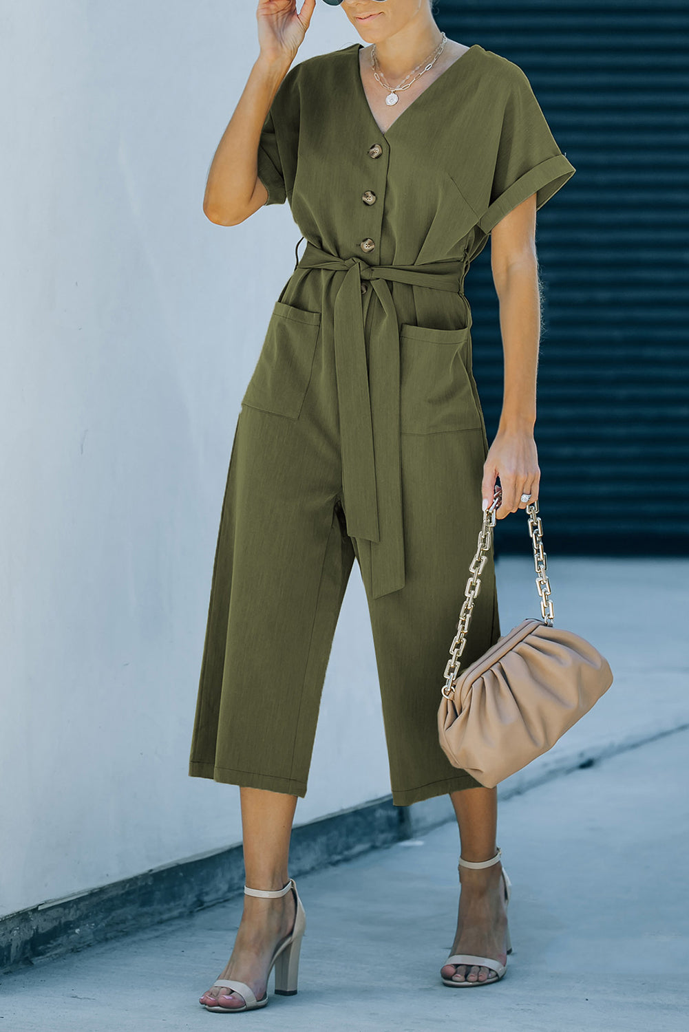 Tie-Waist Buttoned Cropped Jumpsuit  Sunset and Swim   