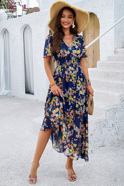 Smocked Floral V-Neck Short Sleeve Dress Sunset and Swim   