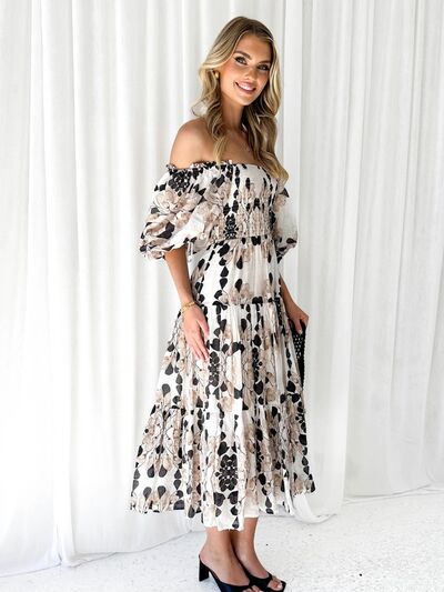 Printed Smocked Off-Shoulder Tiered Dress Sunset and Swim   