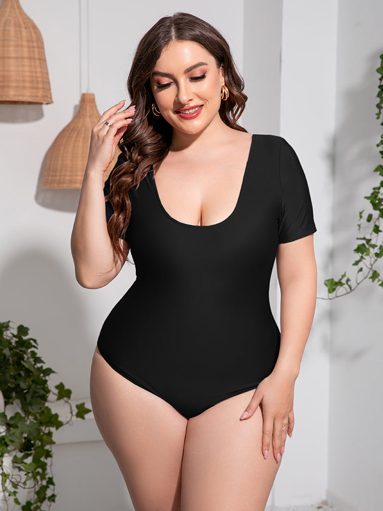 Plus Size Scoop Neck Short Sleeve One-Piece Swimsuit  Sunset and Swim Black 2XL 