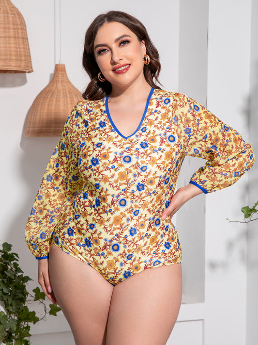 Plus Size Floral Open Back Long Sleeve One-Piece Swimsuit  Sunset and Swim Mustard 2XL 