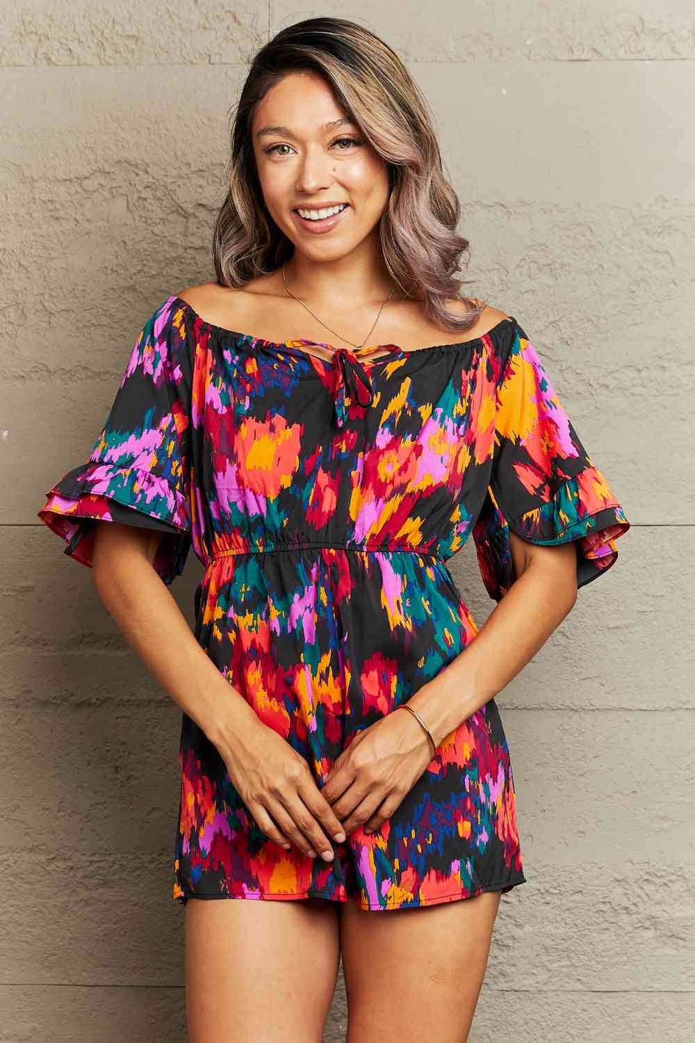 Printed Tied Flounce Sleeve Romper Sunset and Swim   