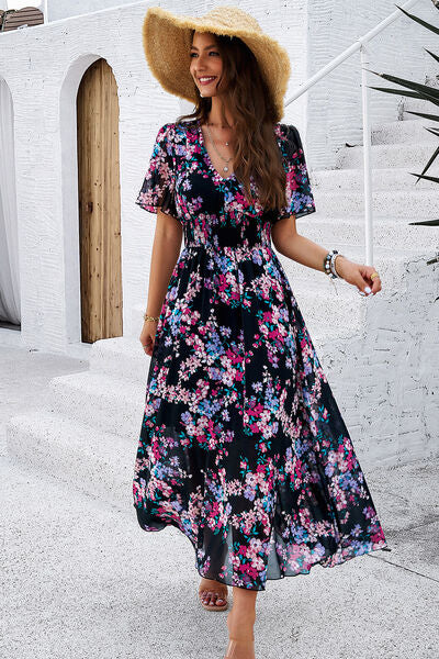 Smocked Floral V-Neck Short Sleeve Dress Sunset and Swim   