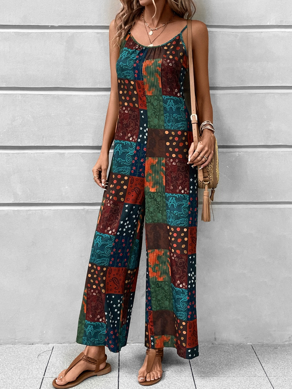 Sunset Vacation  Printed Scoop Neck Spaghetti Strap Jumpsuit Sunset and Swim   