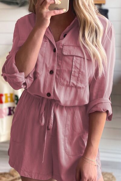 Collared Neck Drawstring Roll-Tab Sleeve Romper  Sunset and Swim Dusty Pink S 