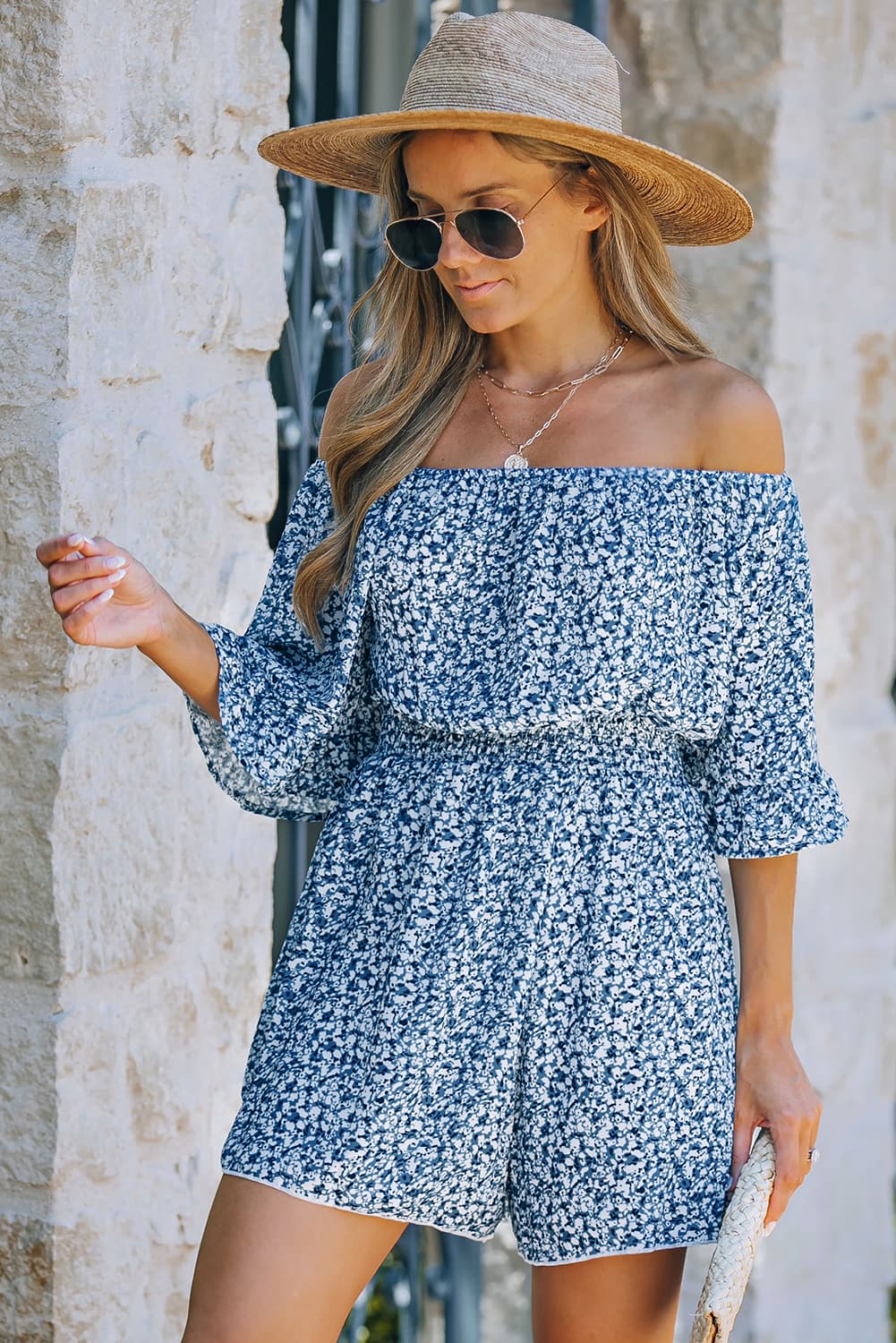 Printed Flounce Sleeve Off-Shoulder Romper Playsuit  Sunset and Swim   