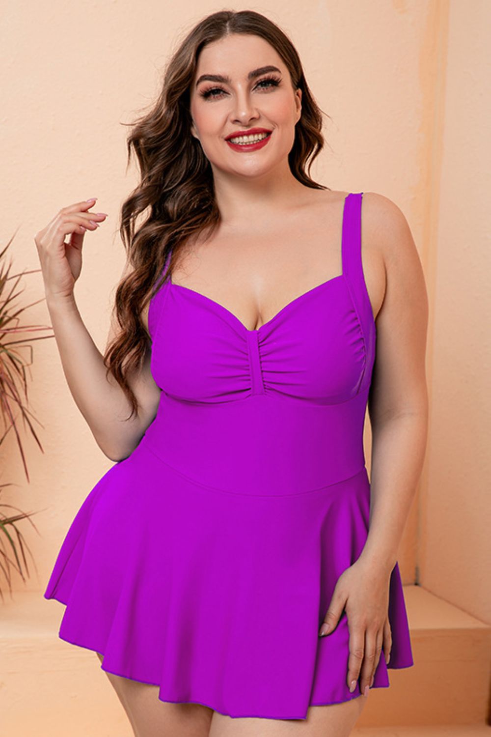Plus Size Gathered Detail Swim Dress DD+ Swimdress  Sunset and Swim Purple M 