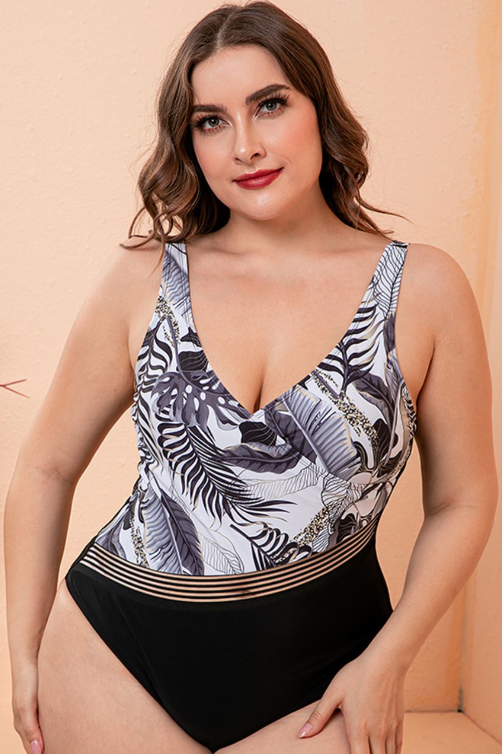 Plus Size Two-Tone Plunge One-Piece DD+ Swimsuit  Sunset and Swim Black Floral M 