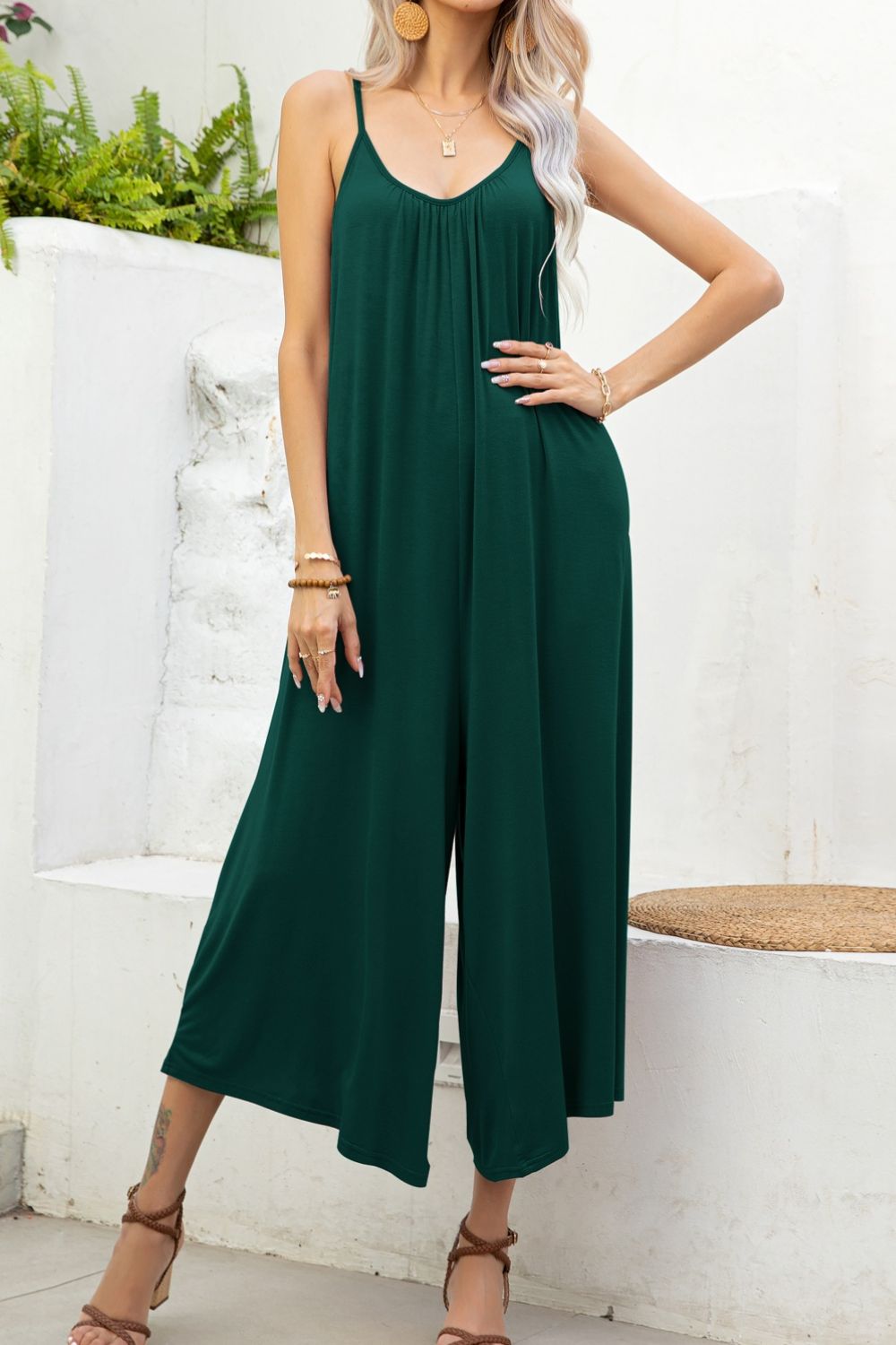 Spaghetti Strap Scoop Neck Jumpsuit  Sunset and Swim Forest S 