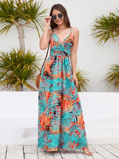 Printed Surplice Spaghetti Strap Dress Sunset and Swim Turquoise S 