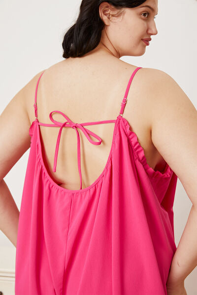 Full Size Ruffle Trim Tie Back Cami Jumpsuit with Pockets  Sunset and Swim   