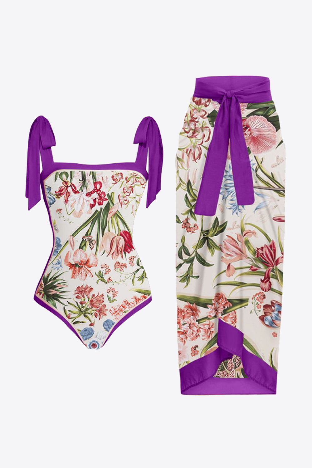 Floral Tie Shoulder Two-Piece Swim Set  Sunset and Swim Vivid Violet S 