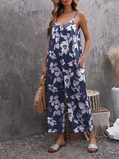 Printed Spaghetti Strap Jumpsuit with Pockets Sunset and Swim Light Indigo S 