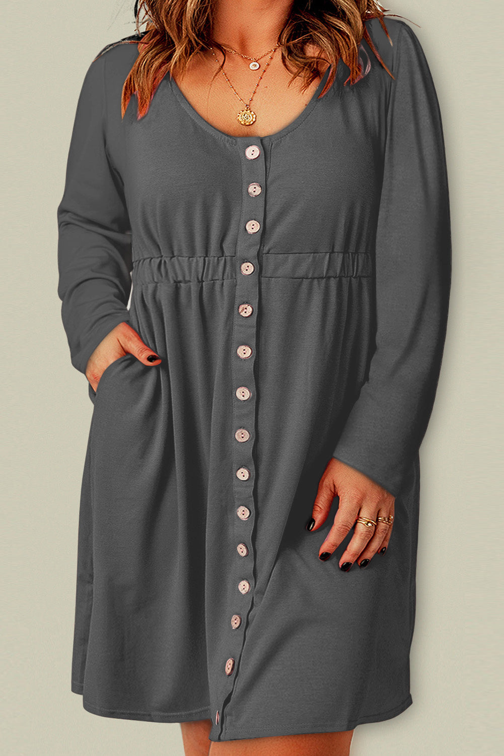 Plus Size Button Front Elastic Waist Long Sleeve Dress  Sunset and Swim Gray 1X 