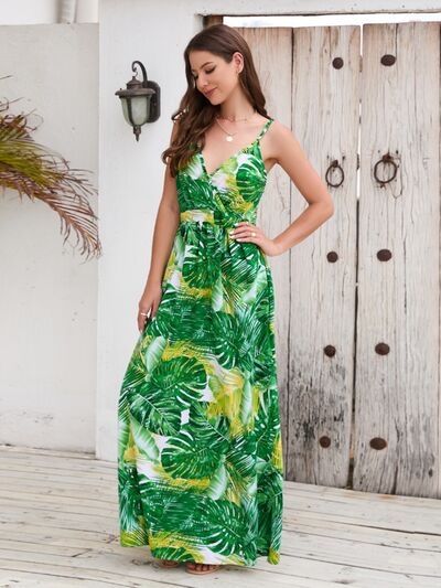 Printed Surplice Spaghetti Strap Dress Sunset and Swim   