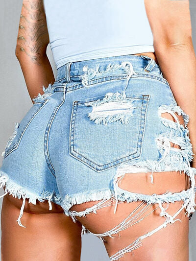 Distressed Raw Hem Denim Shorts with Pockets Sunset and Swim   