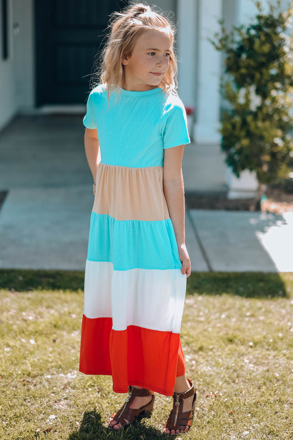 Girls Color Block Round Neck Maxi Dress Mother Daughter Swimwear Sunset and Swim   