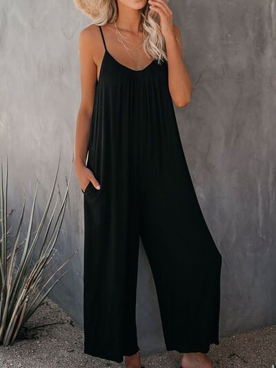 Printed Spaghetti Strap Jumpsuit with Pockets  Sunset and Swim Black S 
