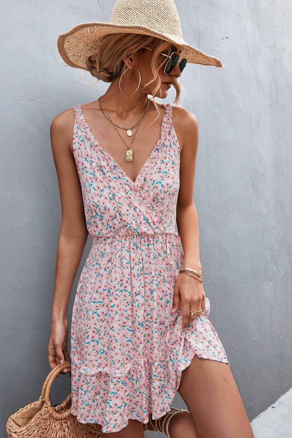 Floral Frill Trim Sleeveless Mini Dress  Sunset and Swim Blush Pink S 
