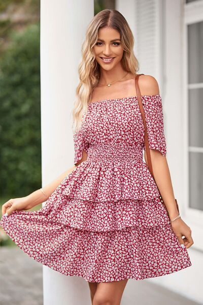 Floral Smocked Short Sleeve Layered Dress Sunset and Swim   