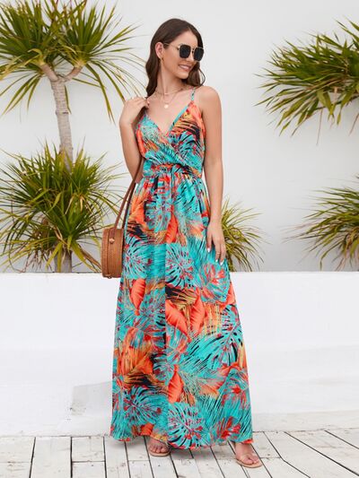 Printed Surplice Spaghetti Strap Dress Sunset and Swim   