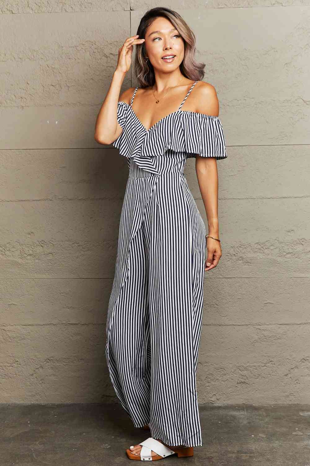 Striped Spaghetti Strap Cold-Shoulder Jumpsuit Sunset and Swim   