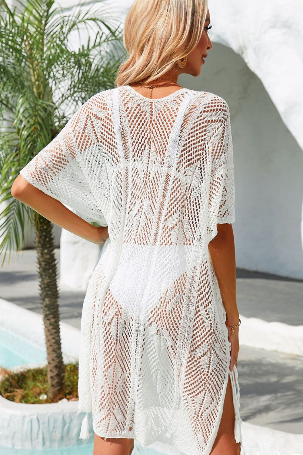 Side Slit Tassel Openwork Cover-Up Dress Sunset and Swim   