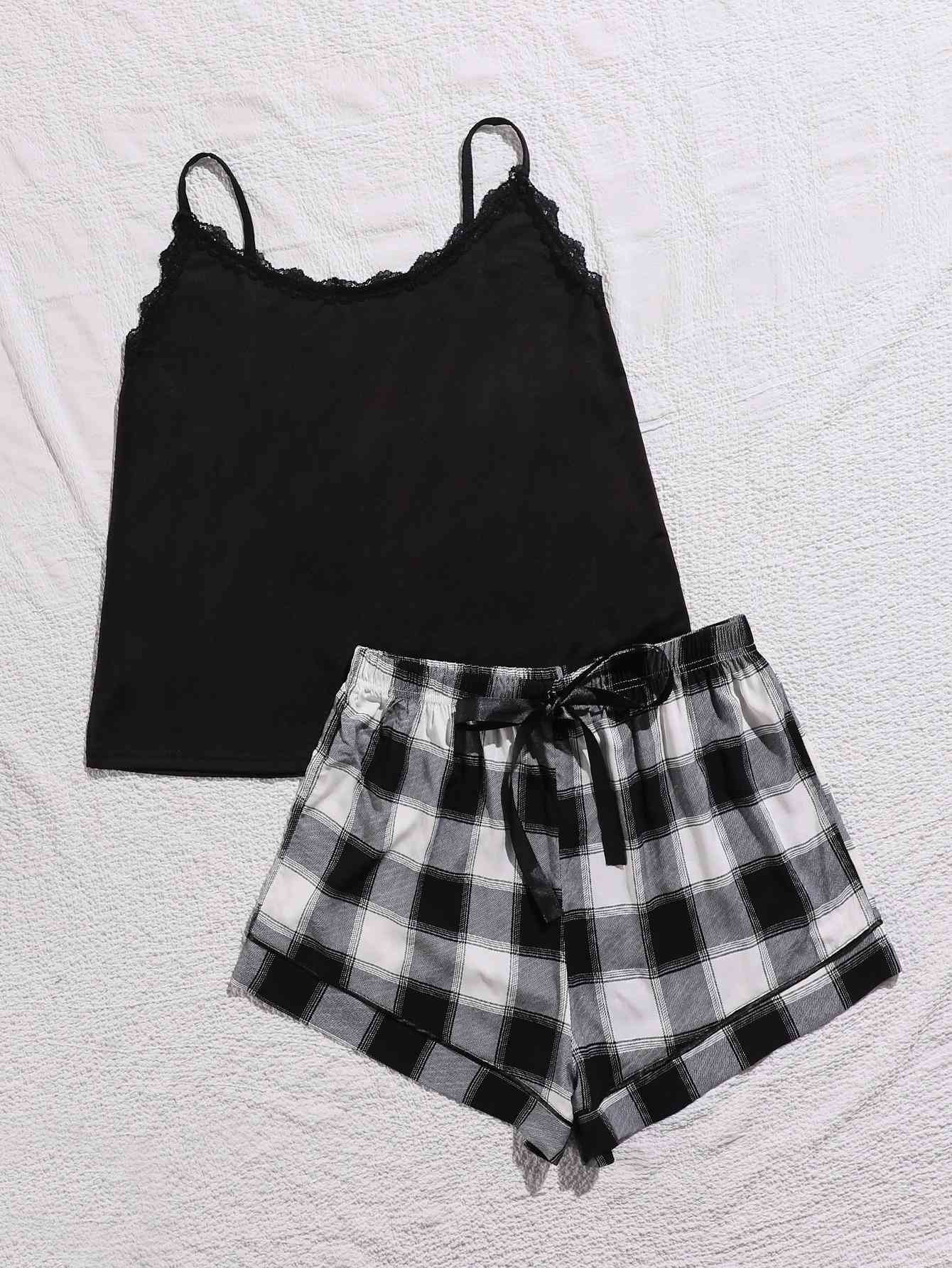 Plus Size Lace Trim Scoop Neck Cami and Printed Shorts Pajama Set  Sunset and Swim Black Plaid 1XL 