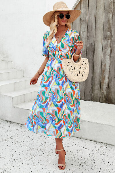 Smocked Printed V-Neck Short Sleeve Dress Sunset and Swim   