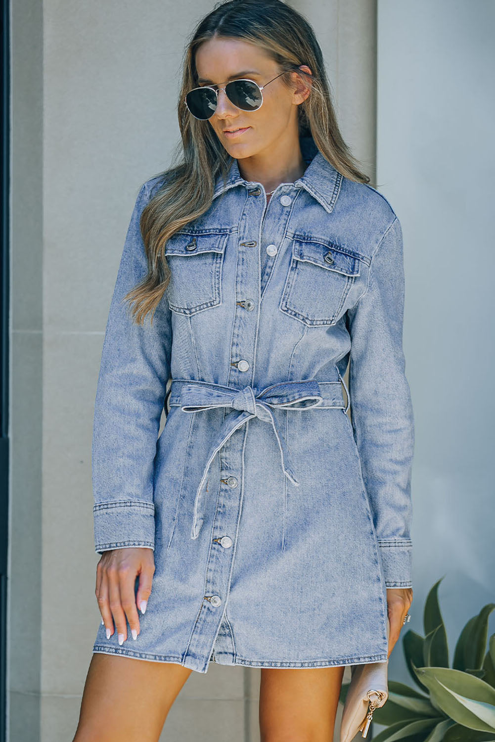 Button Down Collared Neck Belted Denim Dress  Sunset and Swim   