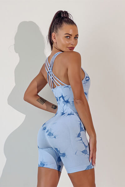 Printed Crisscross Wide Strap Active Romper  Sunset and Swim   