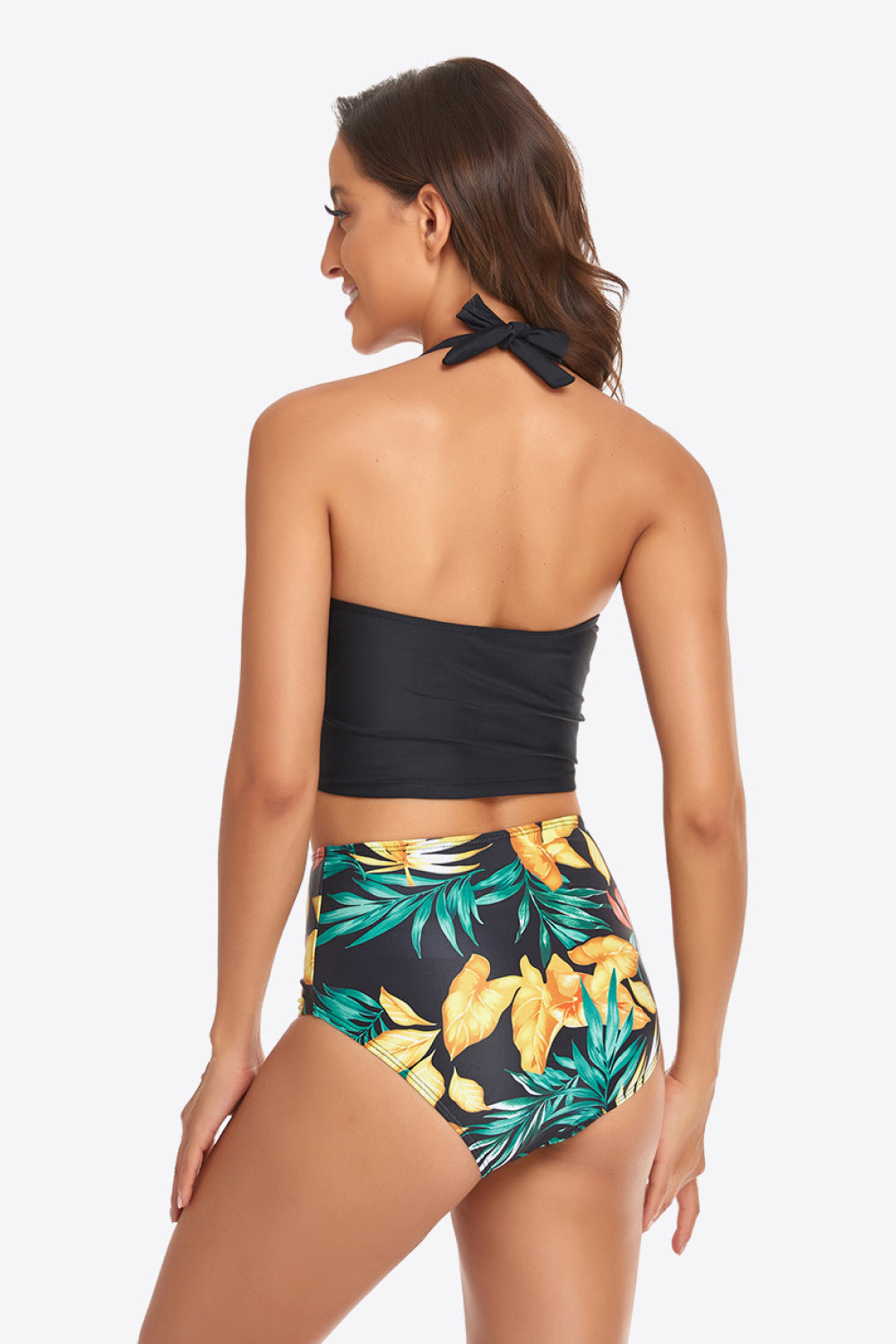 Botanical Print Halter Neck Drawstring Detail Bikini Set  Sunset and Swim   