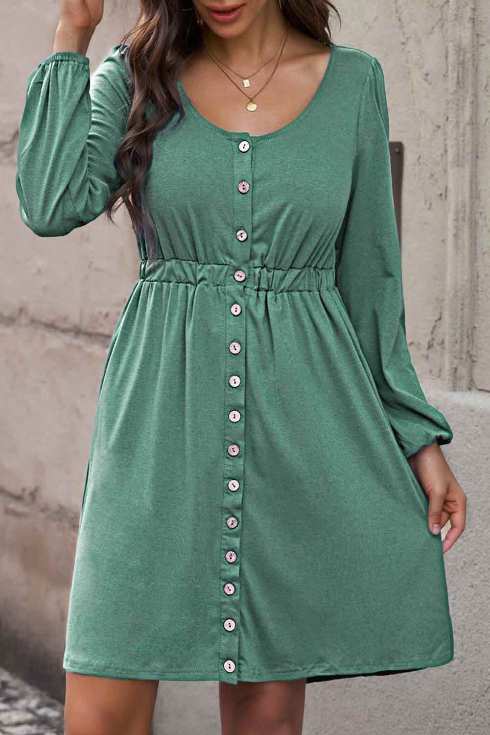 Plus Size Button Front Elastic Waist Long Sleeve Dress  Sunset and Swim   