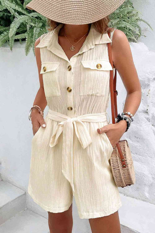 Collared Neck Buttoned Tie Waist Sleeveless Romper Sunset and Swim Ivory S 