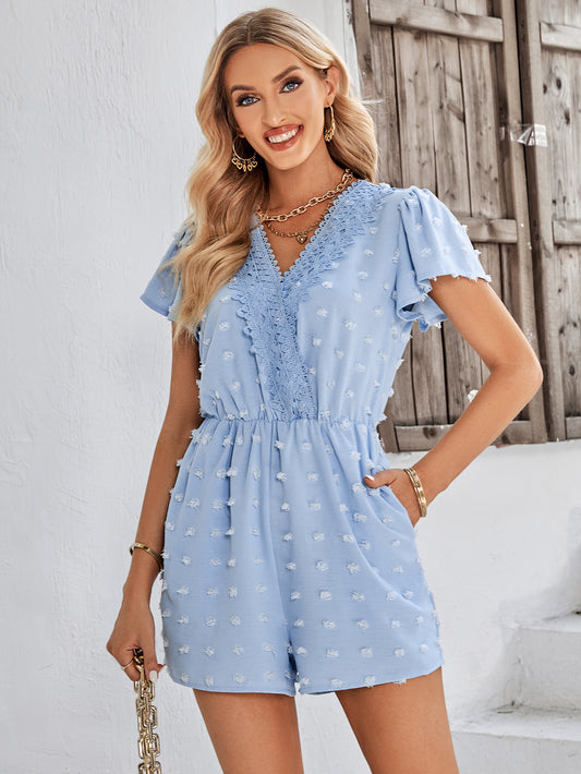 Swiss Dot Lace Trim Flutter Sleeve Romper with Pockets Playsuit  Sunset and Swim Misty  Blue S 