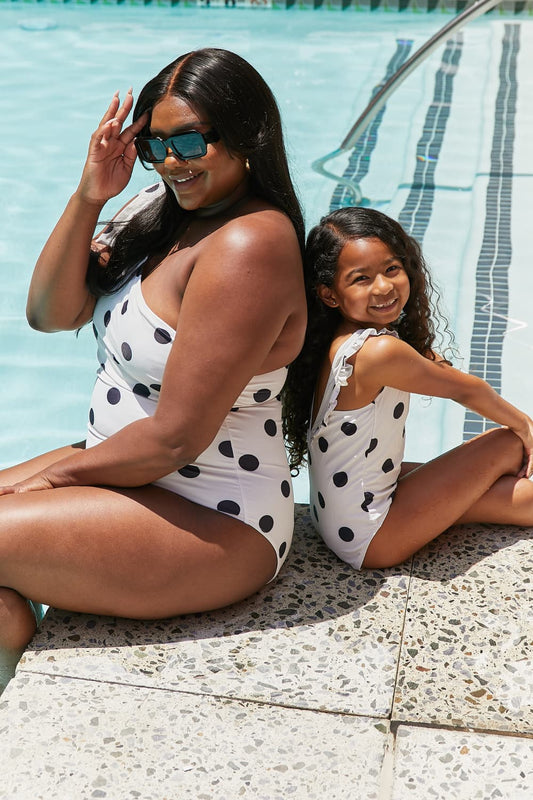Marina West Swim Deep End One-Shoulder One-Piece Swimsuit Mother Daughter Swimwear  Sunset and Swim Cream Black Dot S 