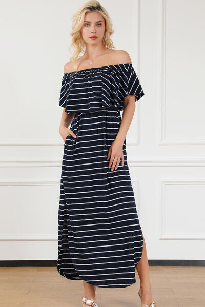 Striped Off-Shoulder Slit Dress Sunset and Swim   