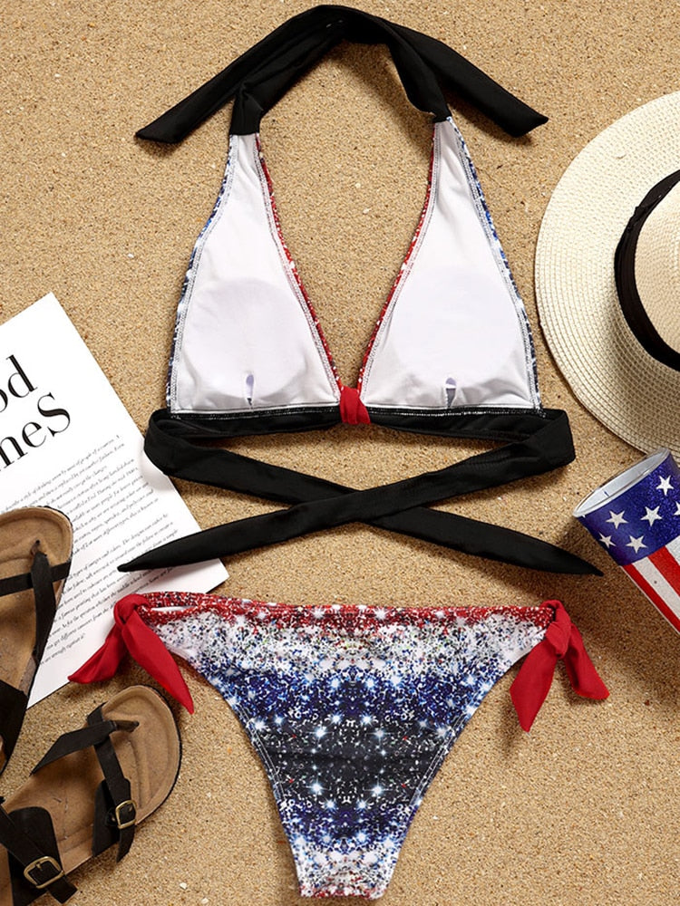 American Flag Sparkle Plus Size Halter Bikini  Sunset and Swim   