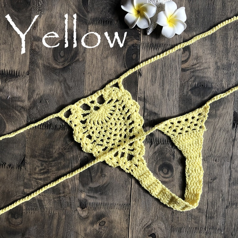 Mini Micro See Through G-strings Crochet Bikini Thongs  Sunset and Swim Yellow M 