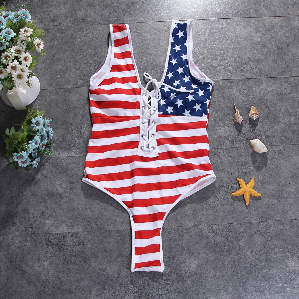 Hot American Flag Thong One Piece Lace Up Swimsuit  Sunset and Swim   